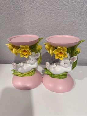 Not Rated Pink and Yellow Bunny Floral Candle Holders